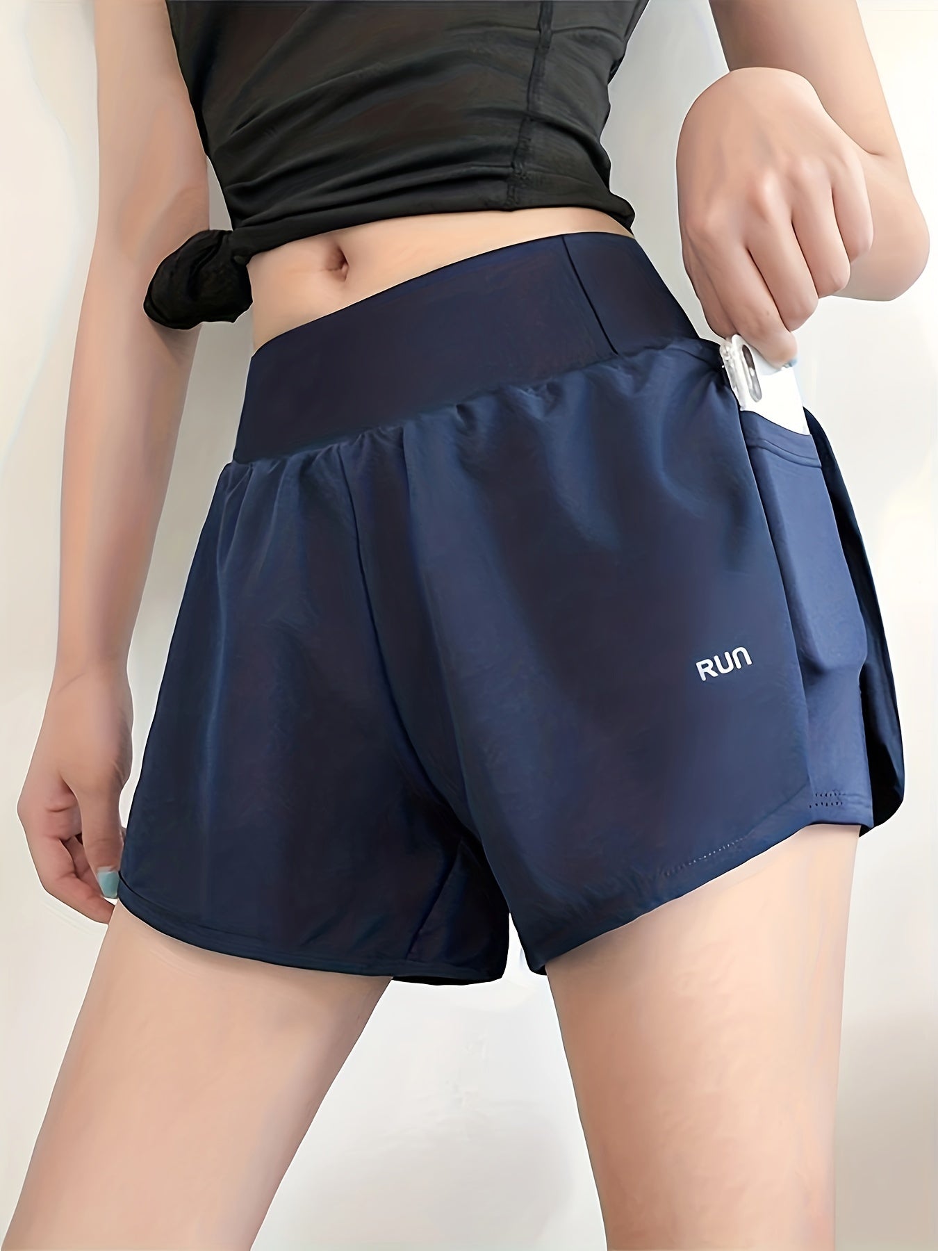 Letter Print High Waist Running Shorts With Pocket